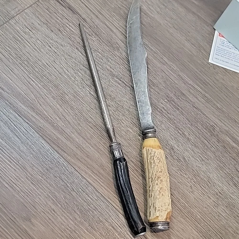 Antique Junk Drawer Ecko Hand Beater, Kellogg's Recipie Tin, Stag Carving Knife